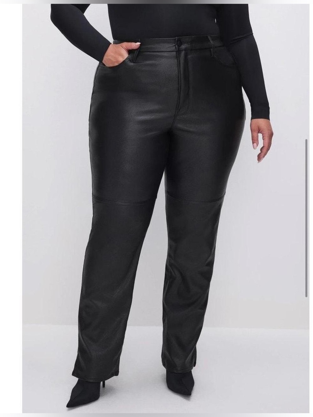 Good American Black Slim Straight Faux Leather Jeans with Side Slits - Picture 1 of 5